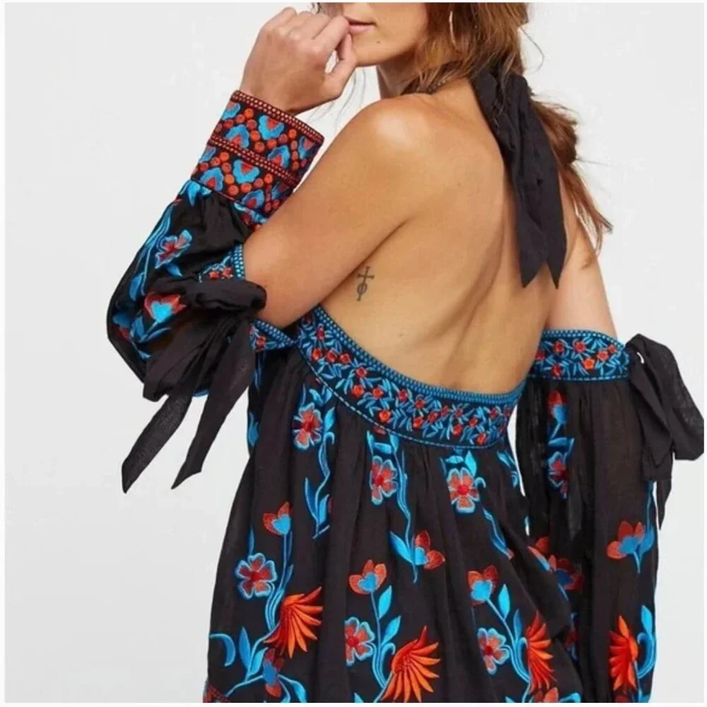 Free People Jasmine Blooms Embroidered Top Womens XS Boho Floral Hippie Colorful